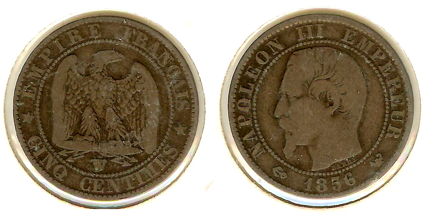 Cinq centimes Napoléon III, tête nue 1856 Lille TB